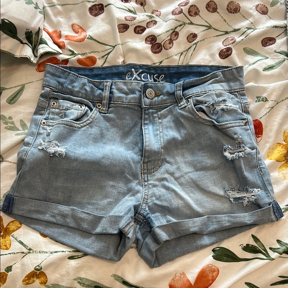 Blue Jean Shorts with Cuffed Hem and Relaxed Fit